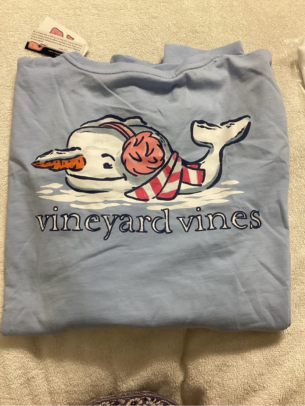 Vineyard Vines Jake Blue Watercolor Snowman Whale Long Sleeve Tee Women’s Large